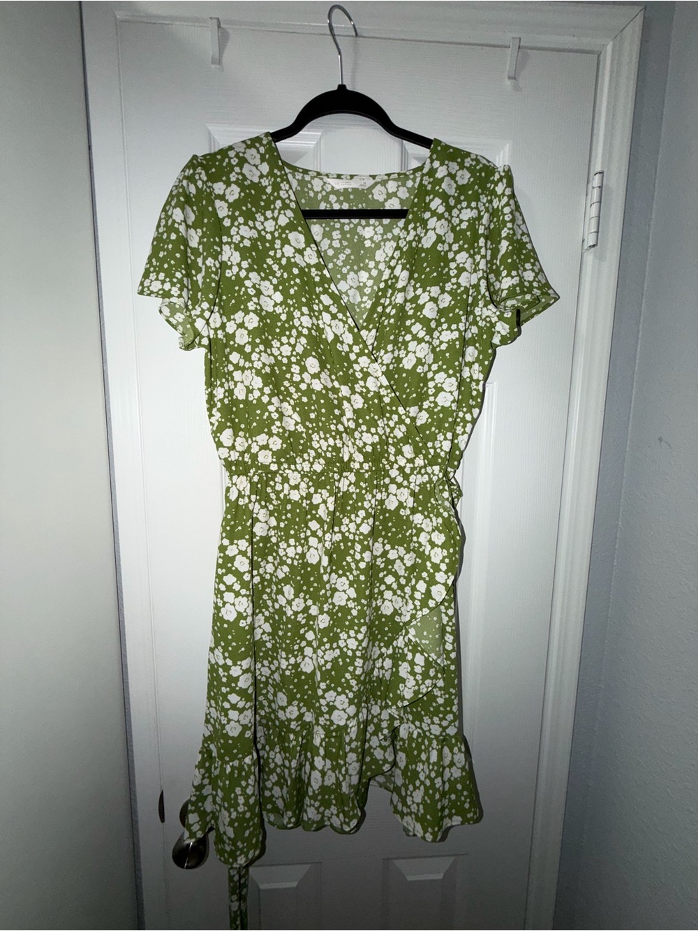 Green Floral Wrap Dress with Ruffle Hem